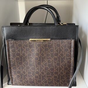 Calvin Klein Black Leather Satchel with Brown Monogram Front